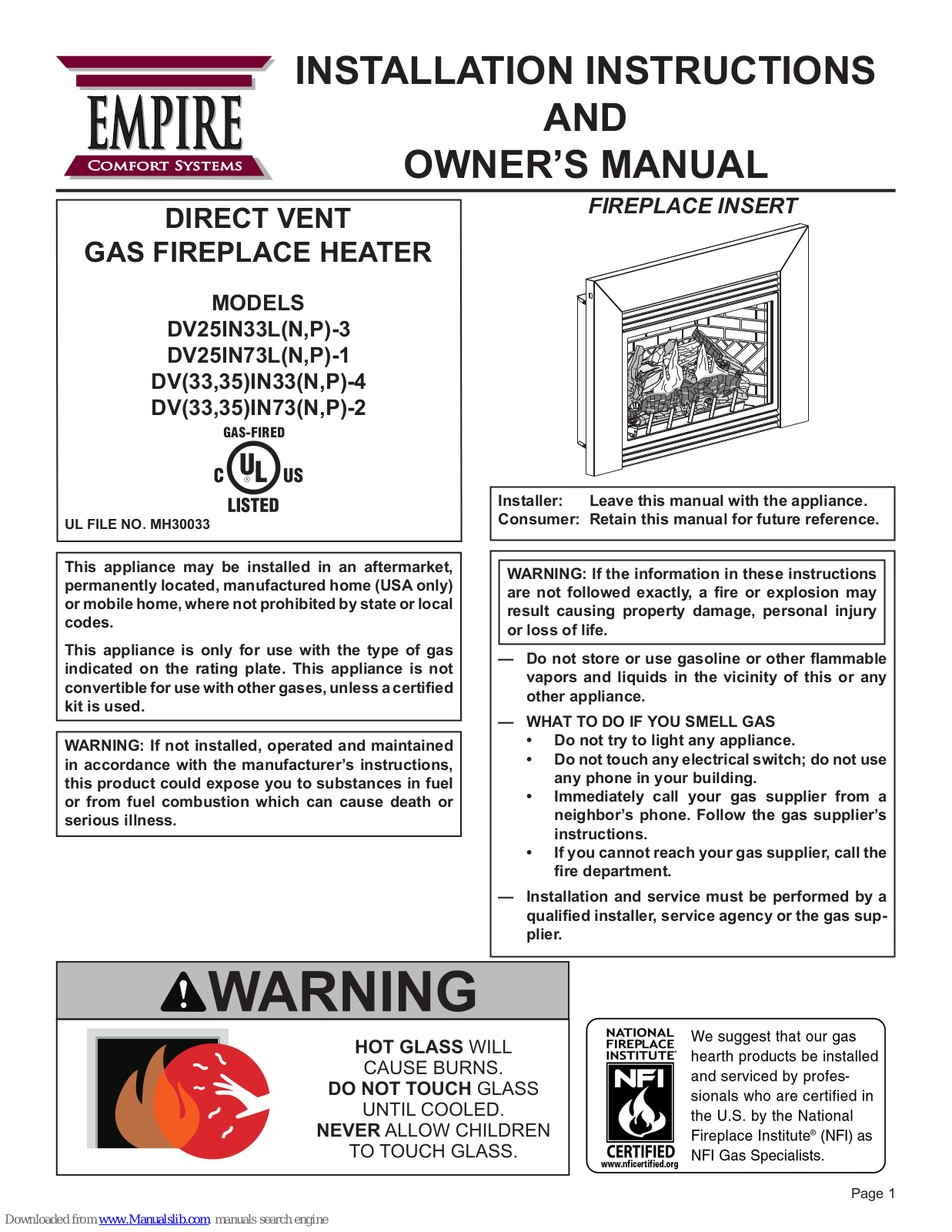 Empire Comfort Systems DV25IN33LN-3, DV25IN73LN-1, DV25IN33LP-3, DV25IN73L-1, DV25IN73LP-1 Installation Instructions And Owner's Manual