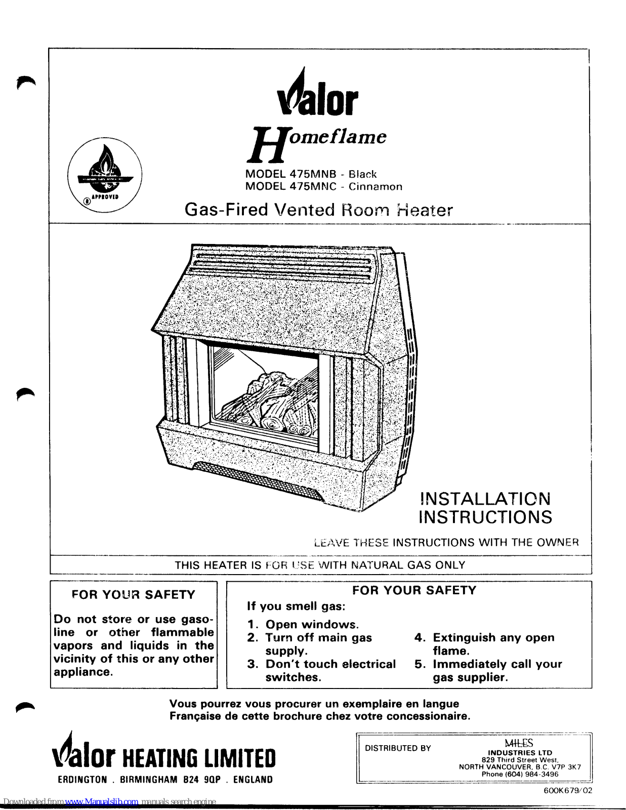 Valor Homeflame 475MNB, Homeflame 475MNC Installation Instructions Manual