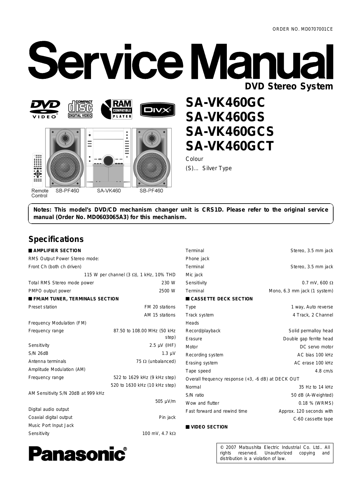 Panasonic SAVK-460-GC, SAVK-460-GCS, SAVK-460-GS, SAVK-460-GCT Service manual