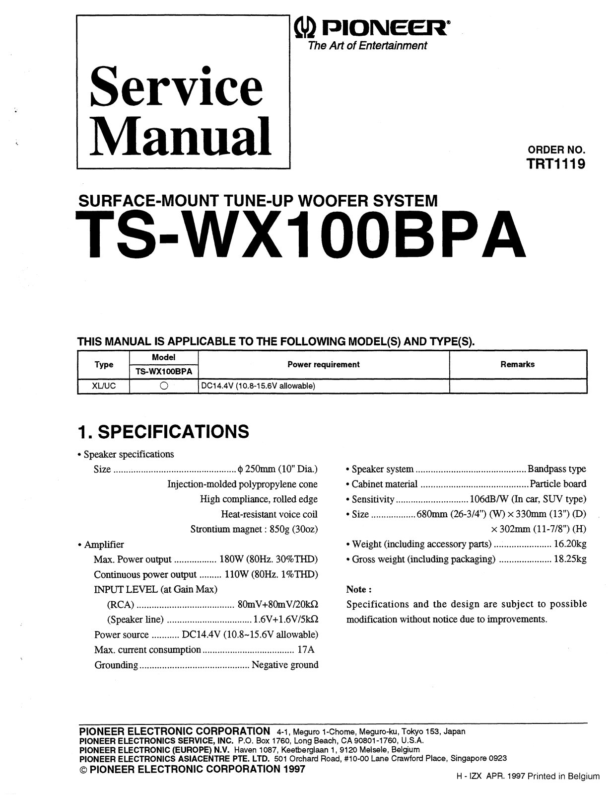 Pioneer TSWX-100, TSWX-100-BPA Service manual