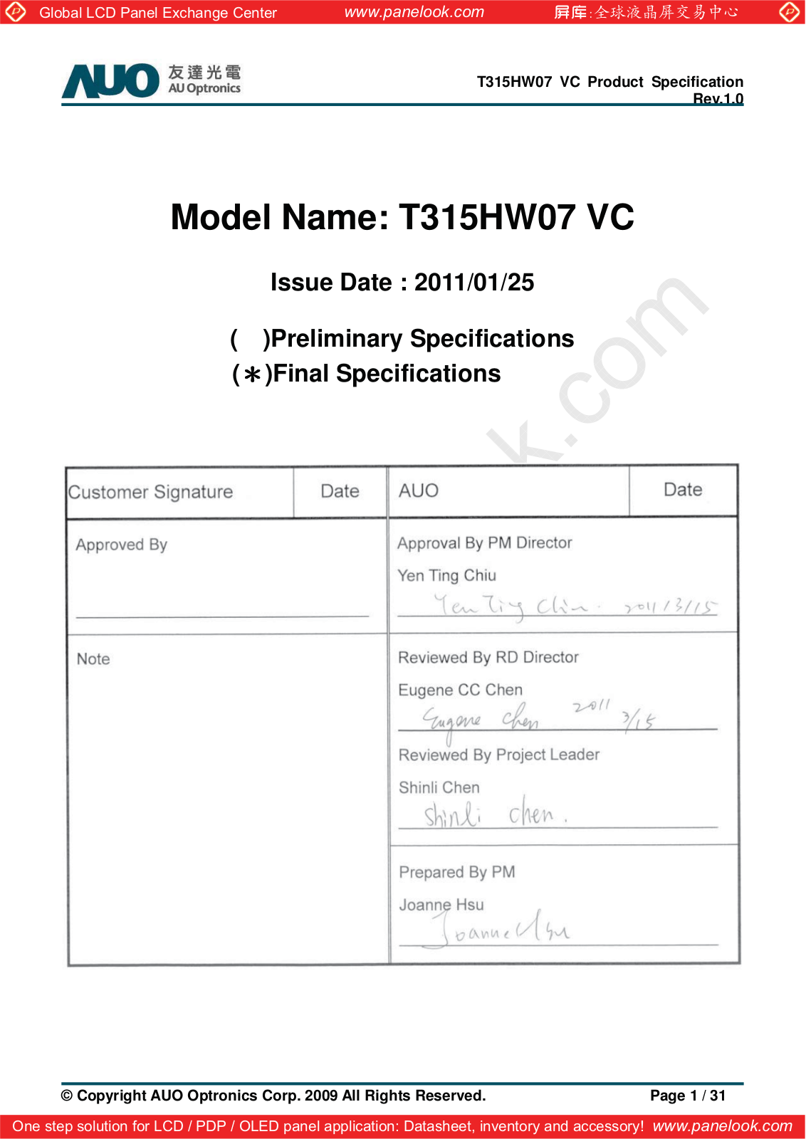 AUO T315HW07 VC Specification - ManualMachine.com