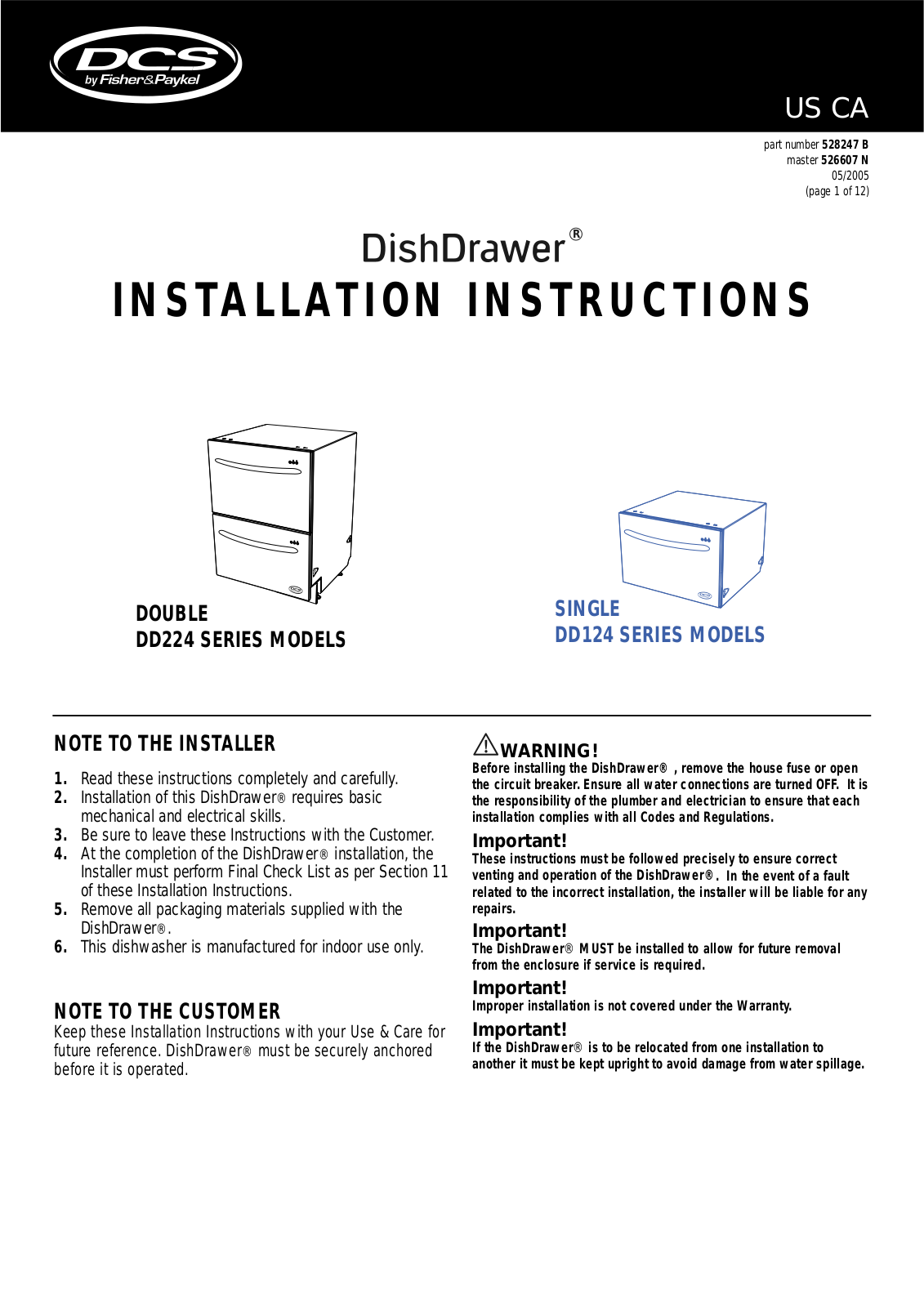 Dcs DD-124PH, DD-224PH, DD-224C, DD-124C INSTALLATION INSTRUCTIONS