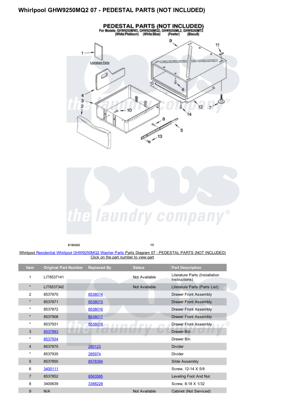 Whirlpool GHW9250MQ2 Parts Diagram