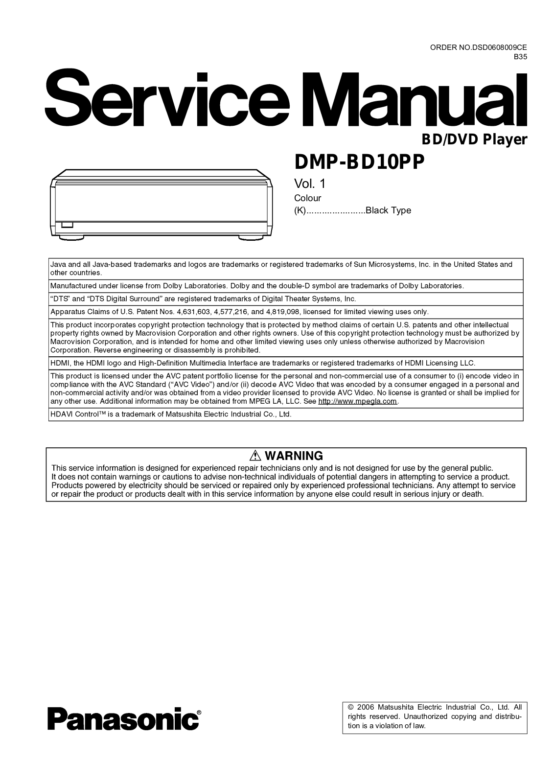 Panasonic DMP-BD10PP Service manual