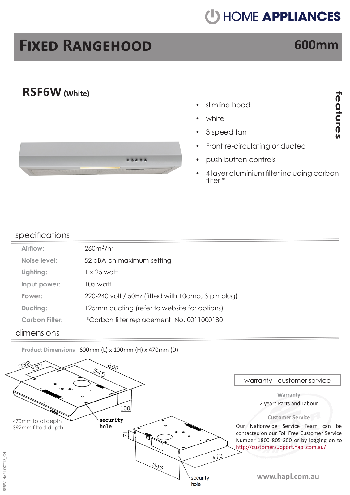 Euromaid RSF6W Specifications Sheet