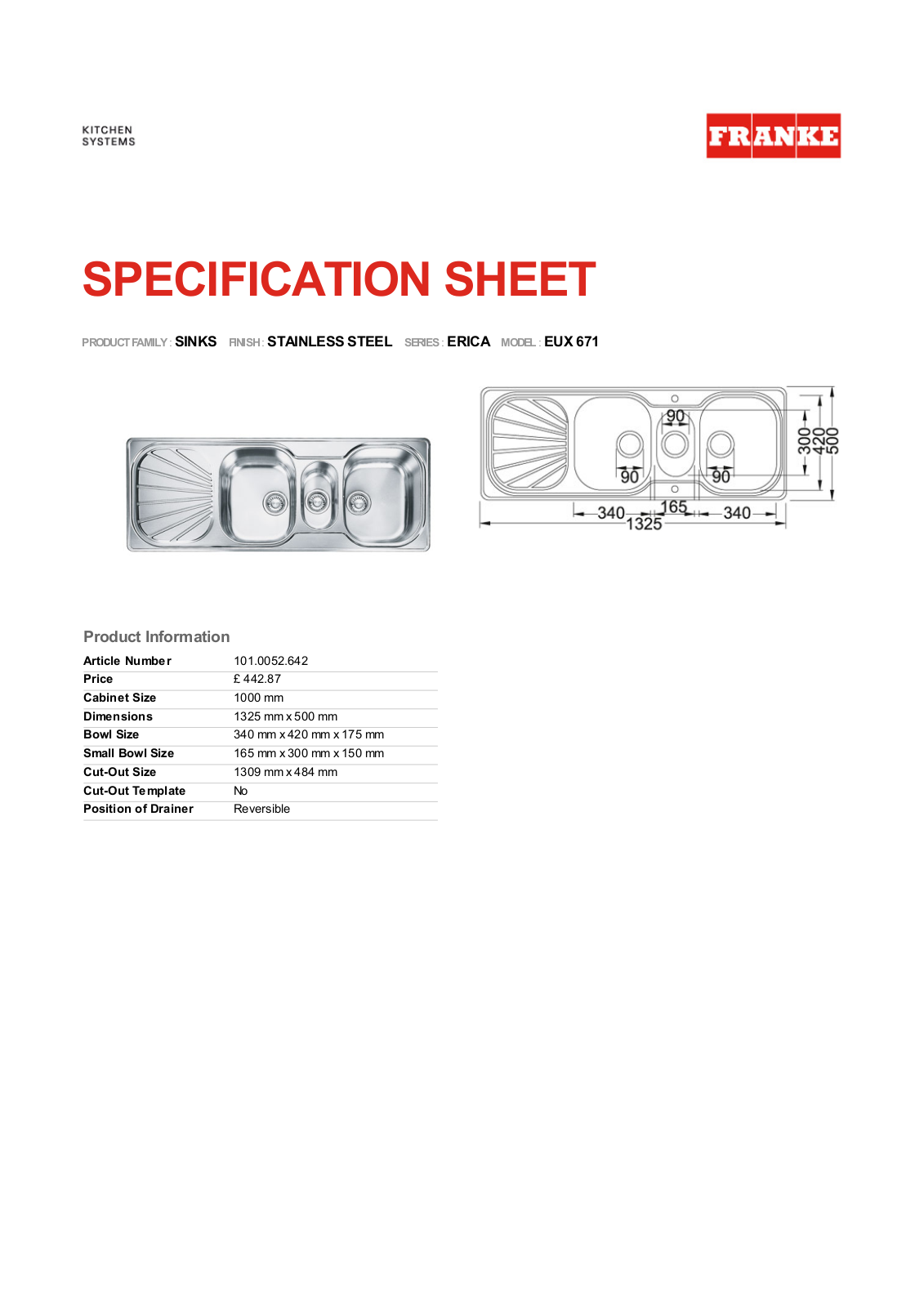 Franke Foodservice EUX 671 Specification