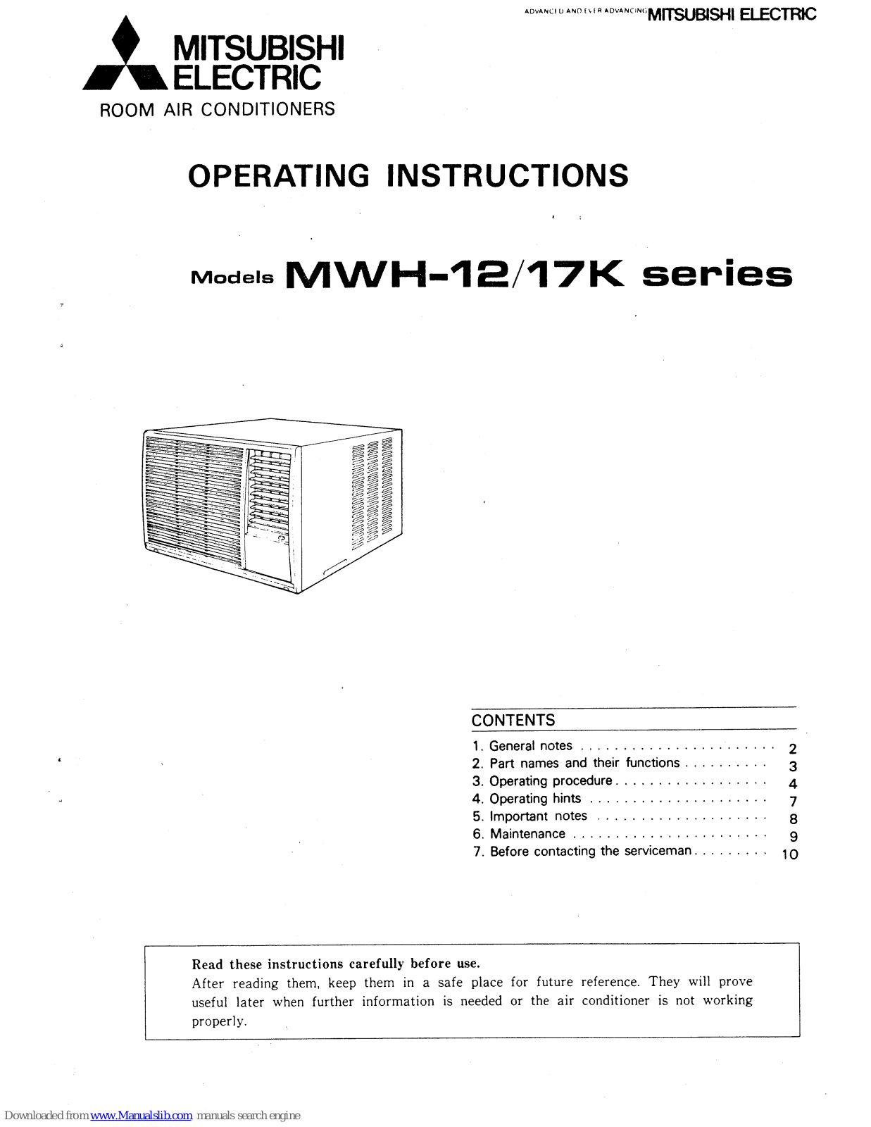 Mitsubishi MWH-12/17K, MWH-12K, MWH-17K Operating Installations