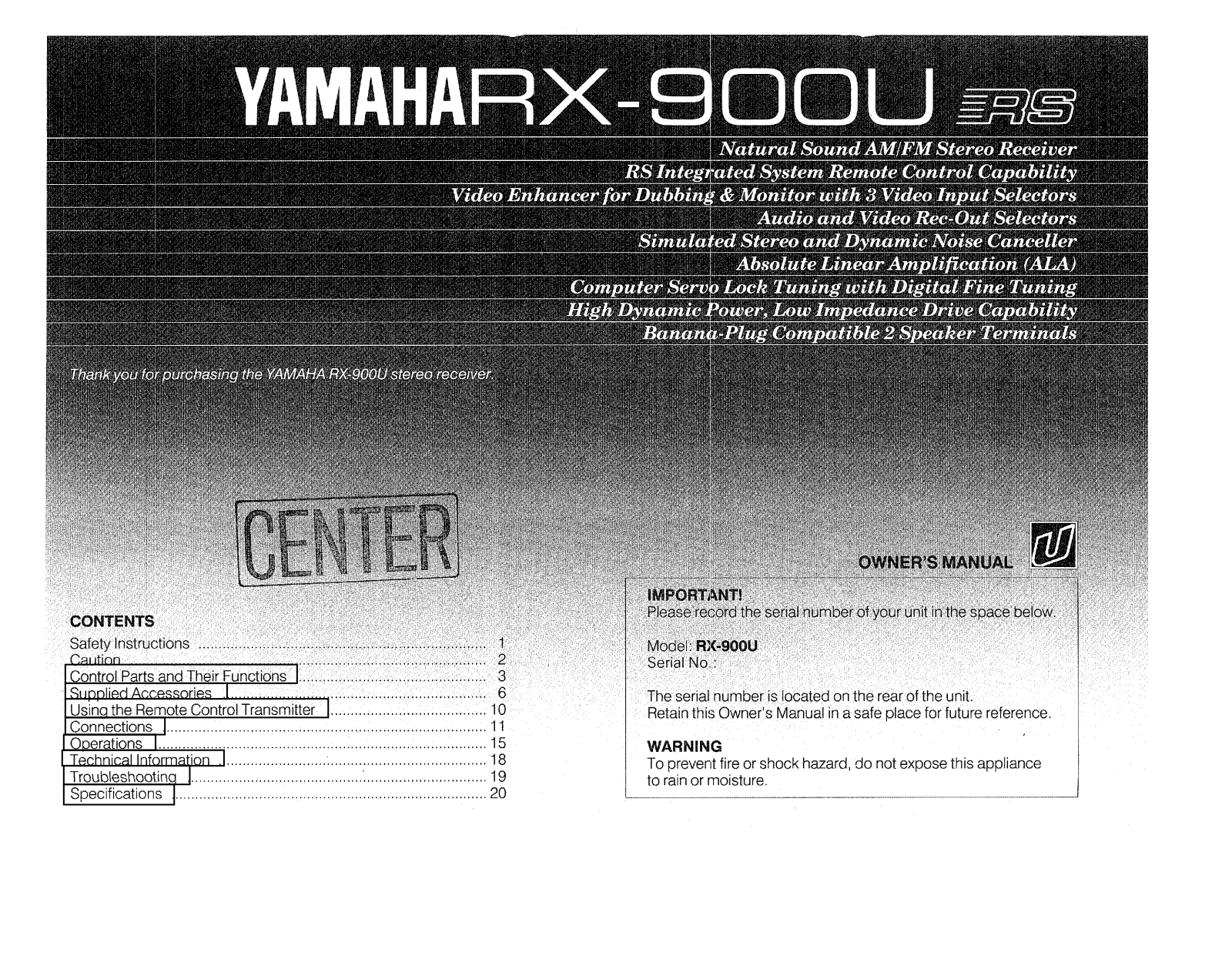 Yamaha RX-900URS Owner Manual