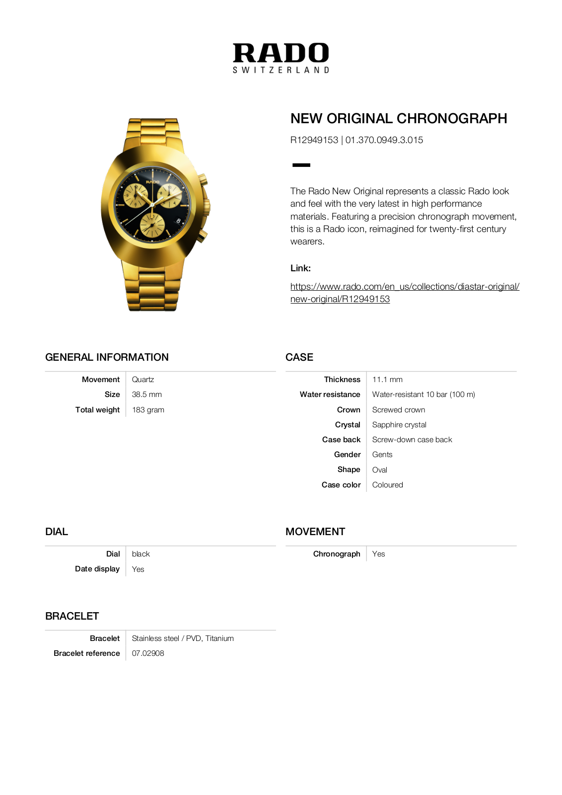 Rado R12949153 Specification Sheet