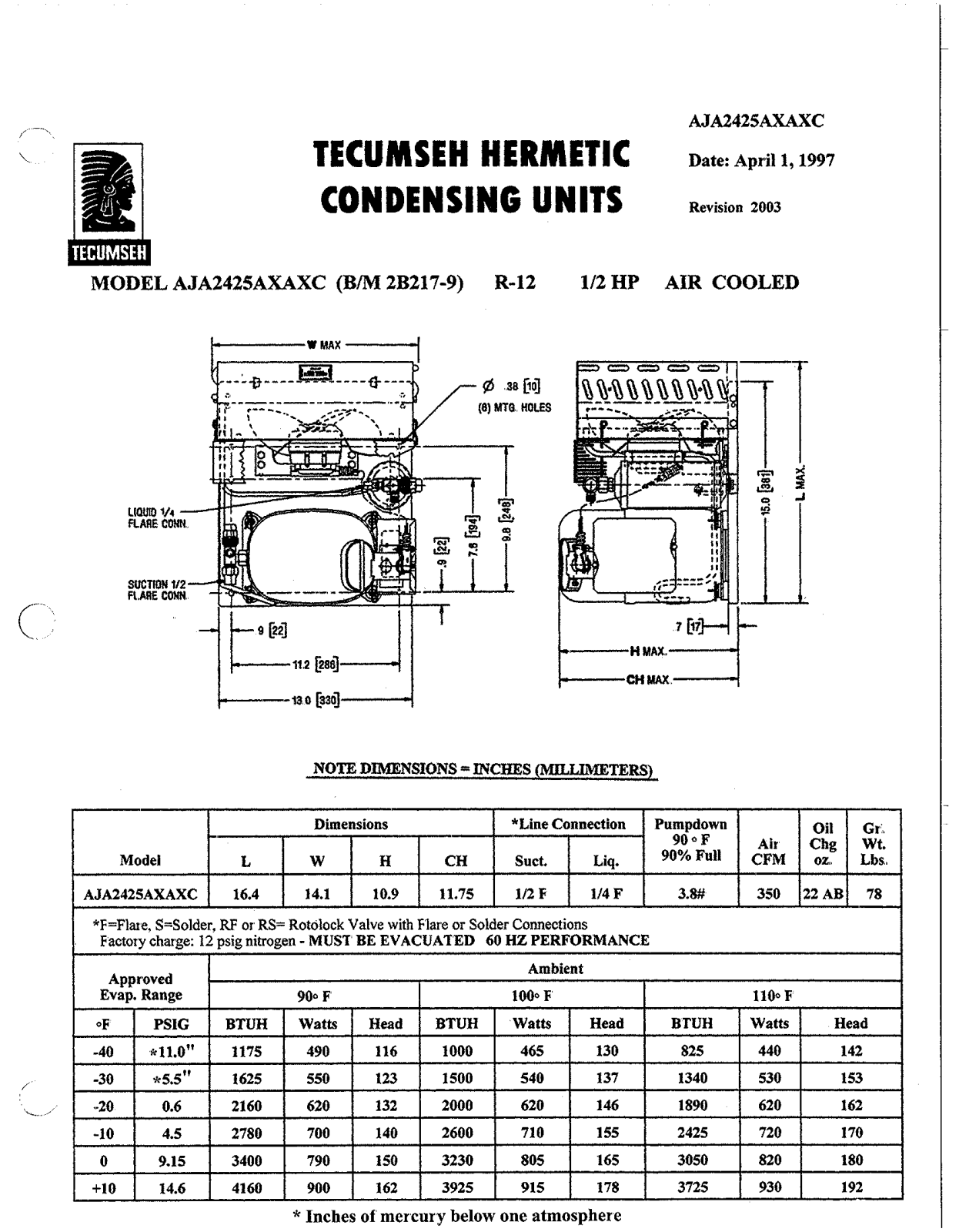 Tecumseh AJA2425AXAXC Performance Data Sheet