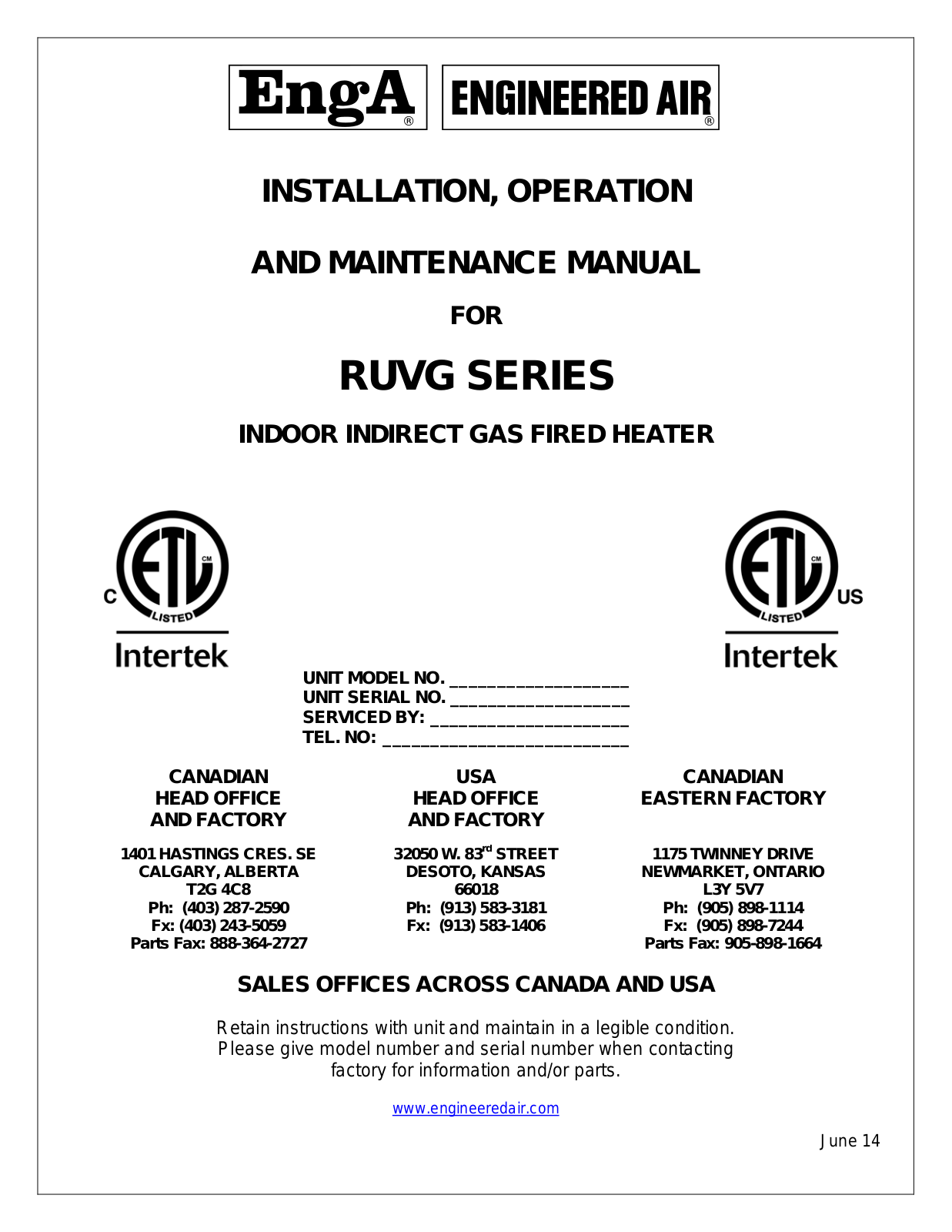 EngA RUVG SERIES Installation, Operation And Maintenance Manual