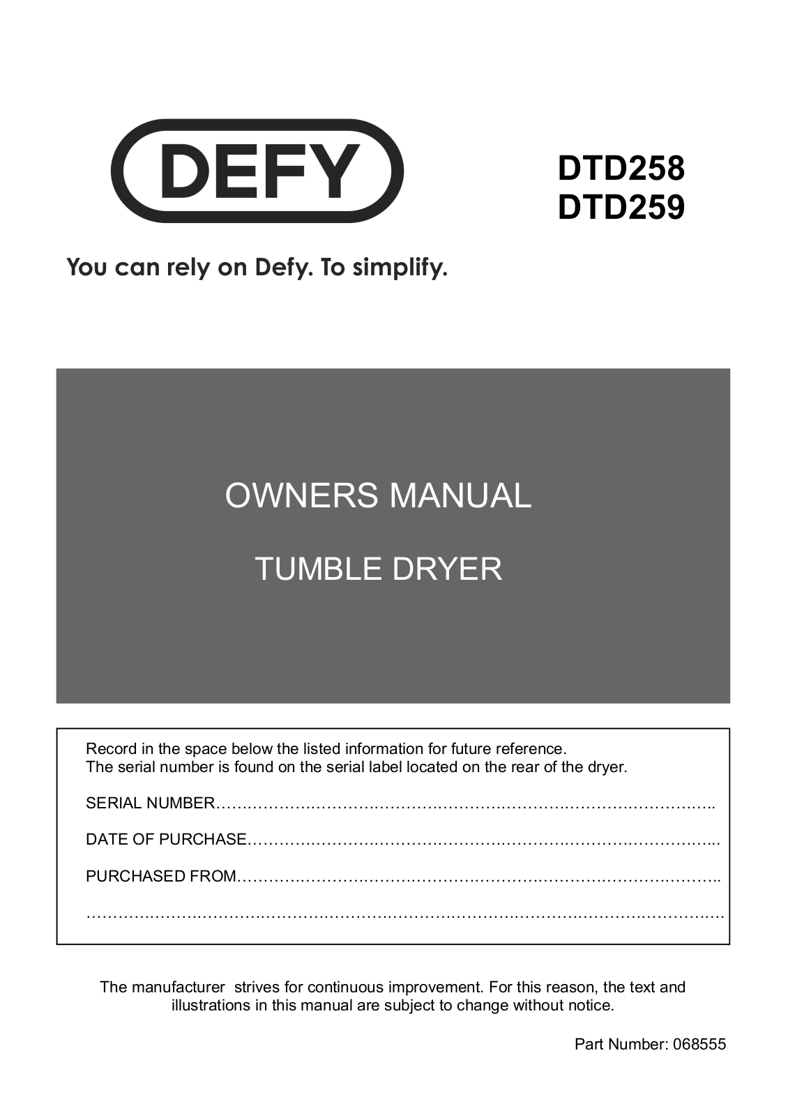 Defy DTD258, DTD259 User Manual