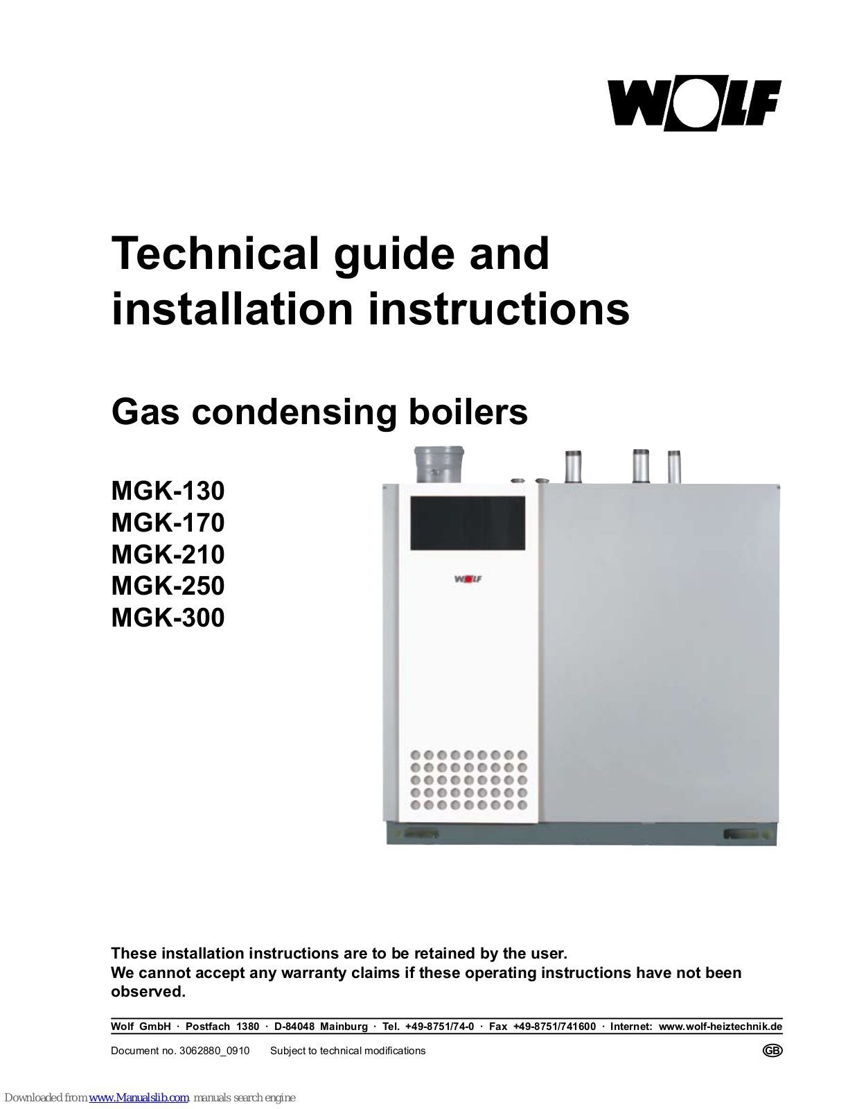 Wolf MGK-130, MGK-170, MGK-250, MGK-300, MGK-210 Technical Manual And Installation Instructions