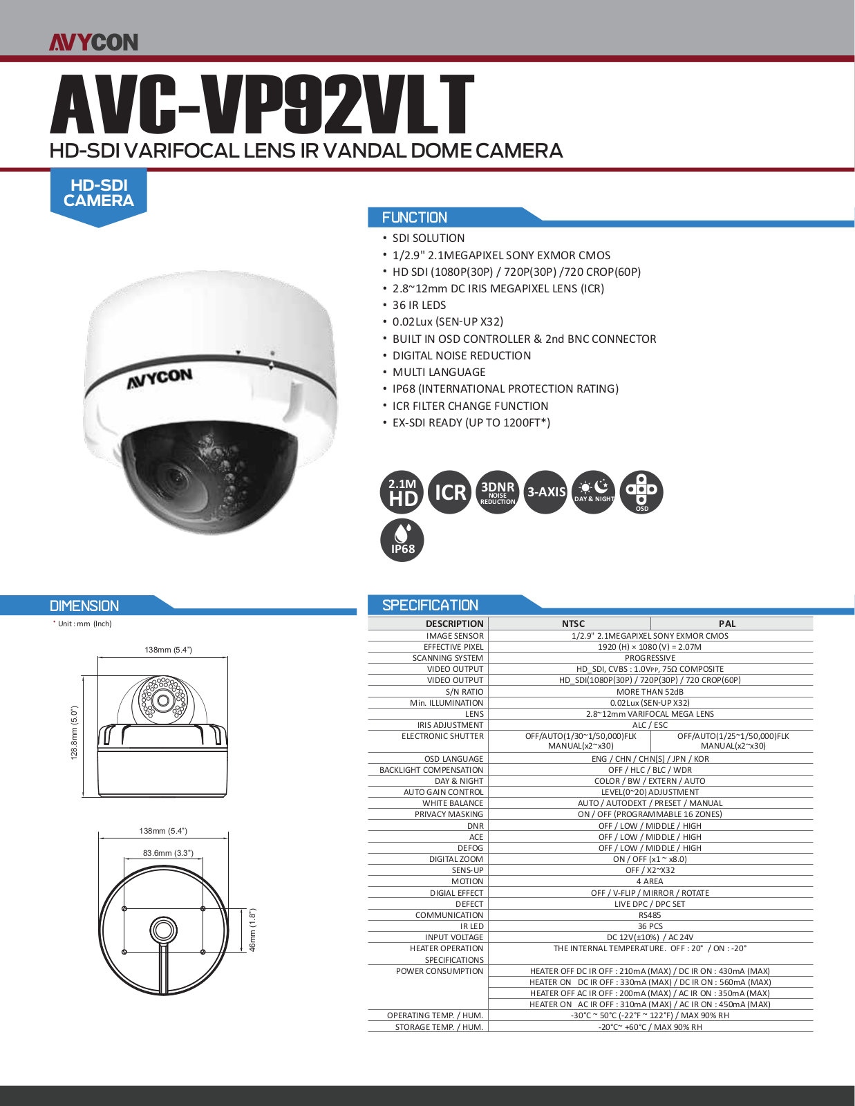 Avycon AVC-VP92VLT Specsheet