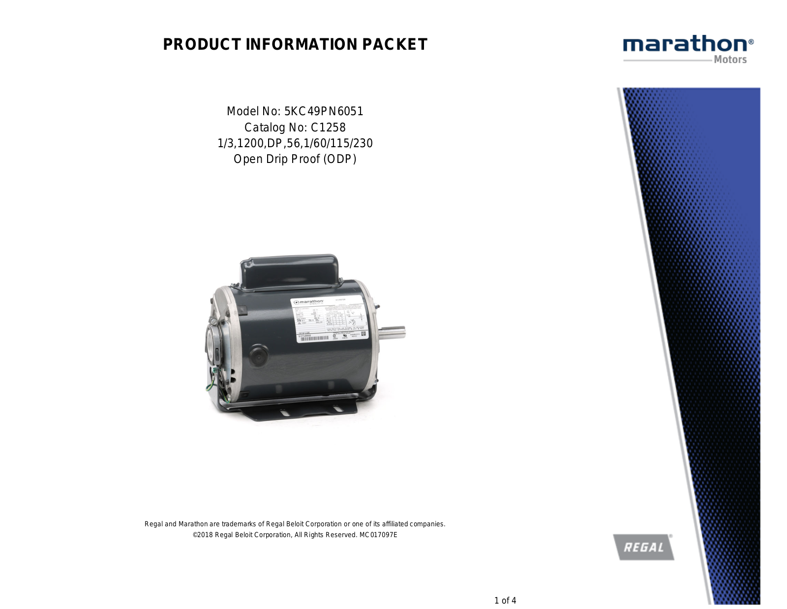 Marathon Electric 5KC49PN6051 Product Information Packet