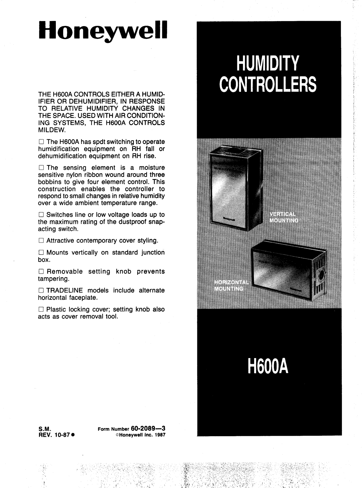 Honeywell H600A Product Information Sheet