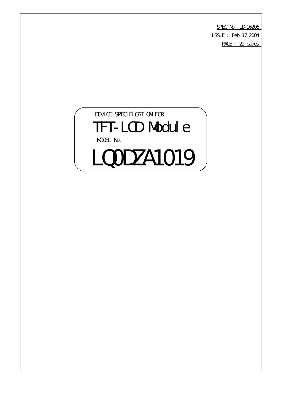 SHARP LQ0DZA1019 Specification