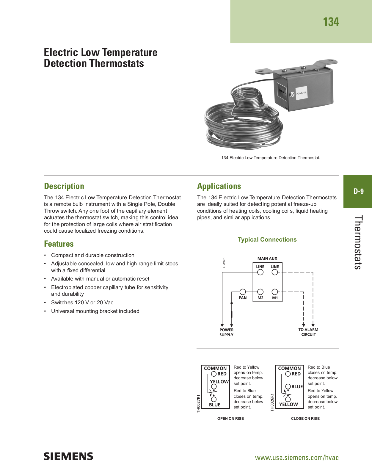 Siemens Building Technologies 134 Electric Low Temperature Detection Thermostat Catalog Page