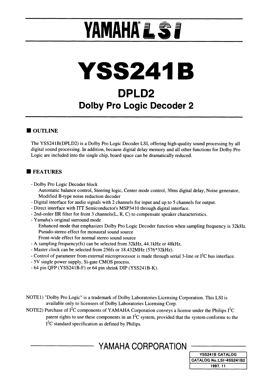 YAMAHA YSS241B-F, YSS241B-K Datasheet