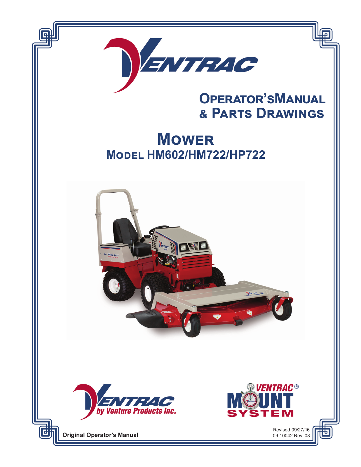 Ventrac HM602, HM722, HP722 Operator's Manual & Parts Drawings