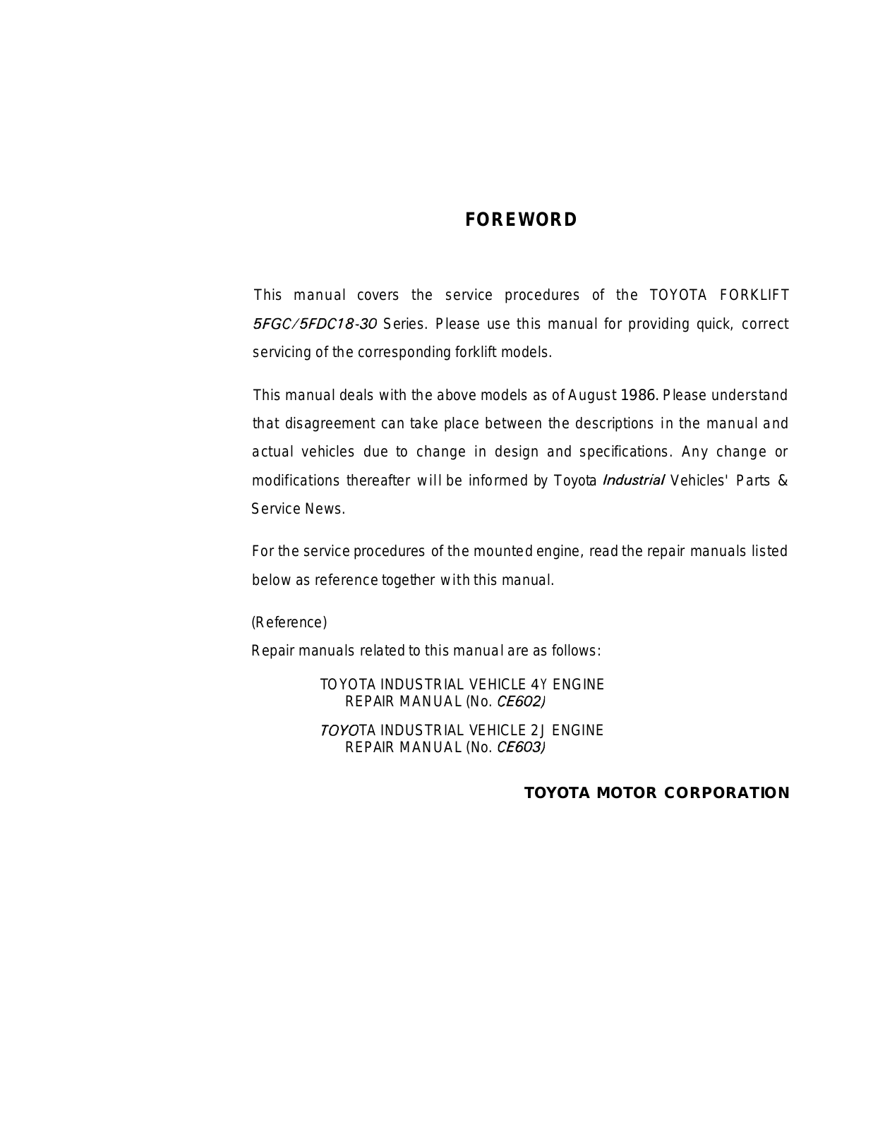 Toyota 5FGC, 5FDC18-30 Repair Manual