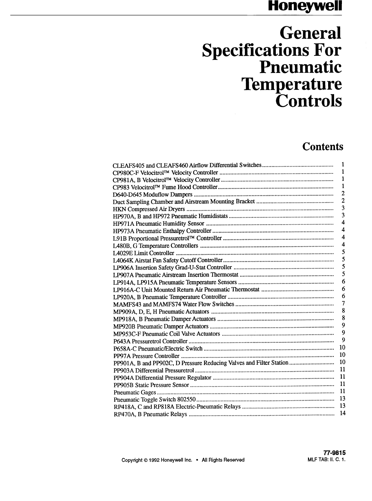 Honeywell Pneumatic Temperature Controls Data Sheet