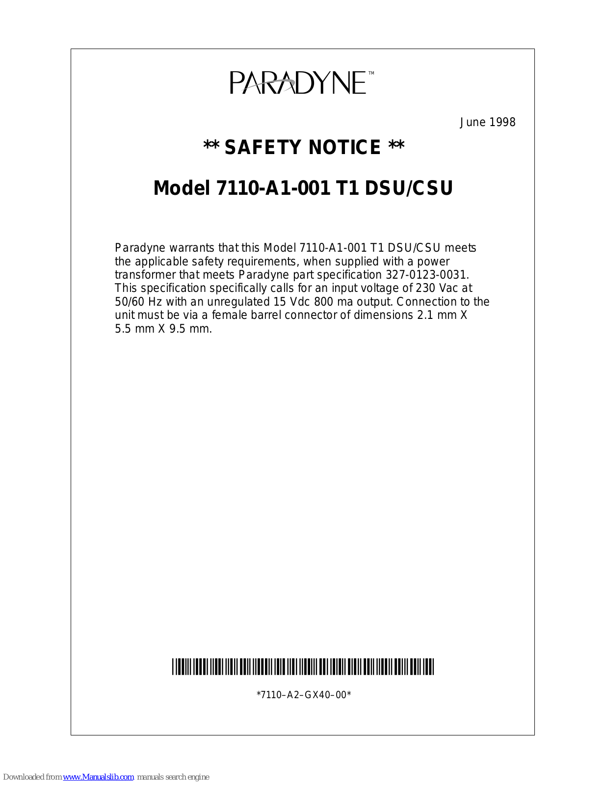 Paradyne 7110, 7110-A1-001 T1 DSU, 7110-A1-001 T1 CSU Safety Notice