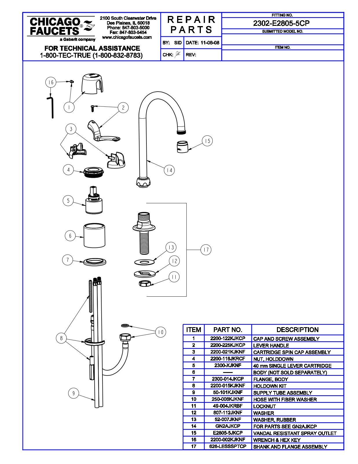 Chicago Faucet 2302-E2805-5CP Parts List