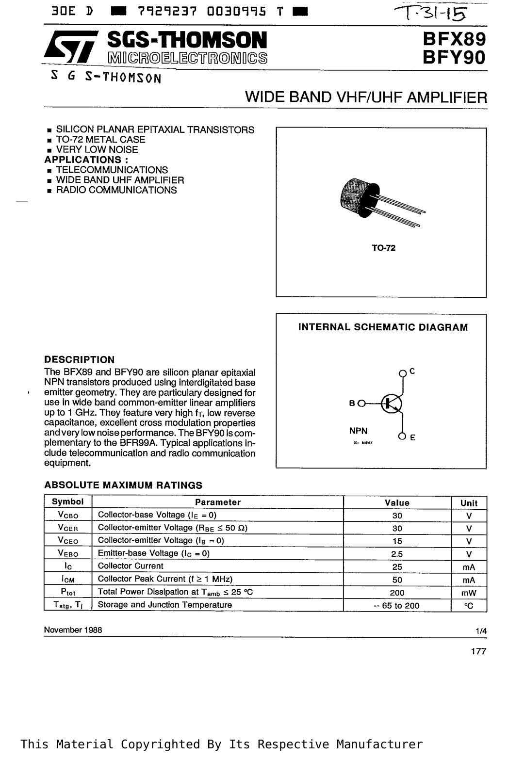 SGS Thomson Microelectronics BFY90 Datasheet