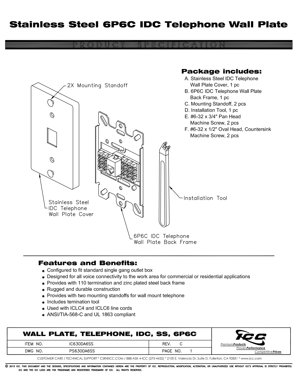 ICC IC630DA6SS Specsheet