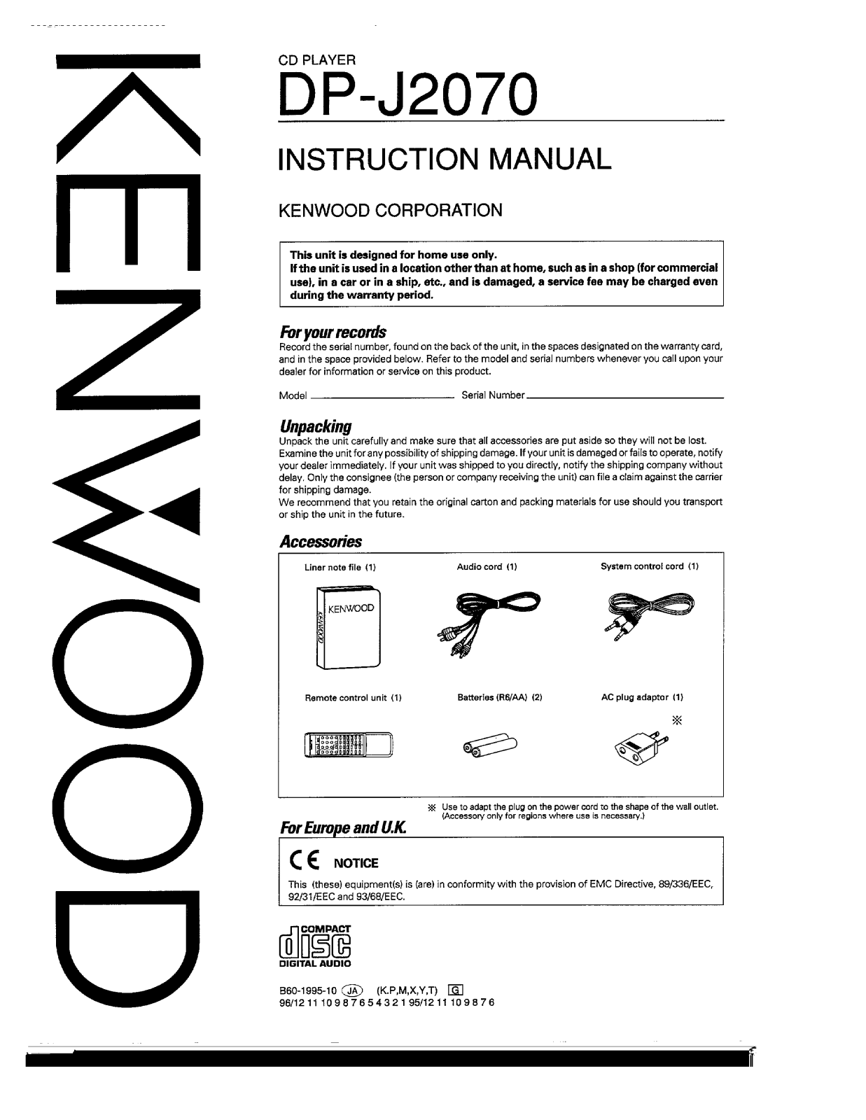 Kenwood DP-J2070 Owner's Manual