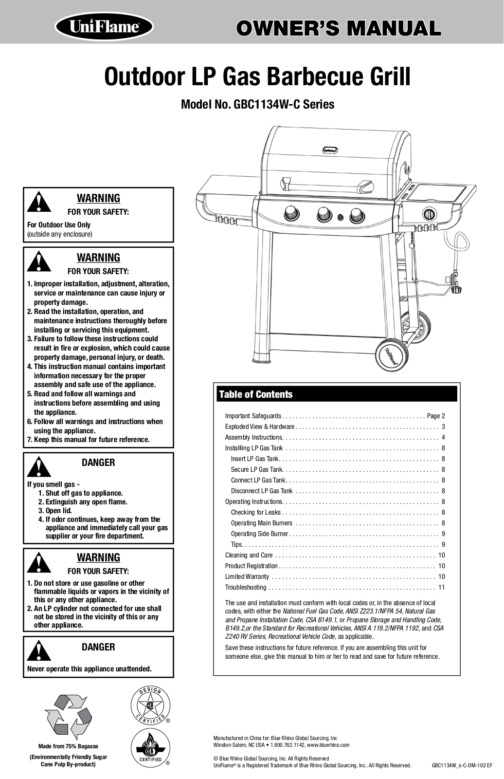 Uniflame GBC1134W-C User Manual