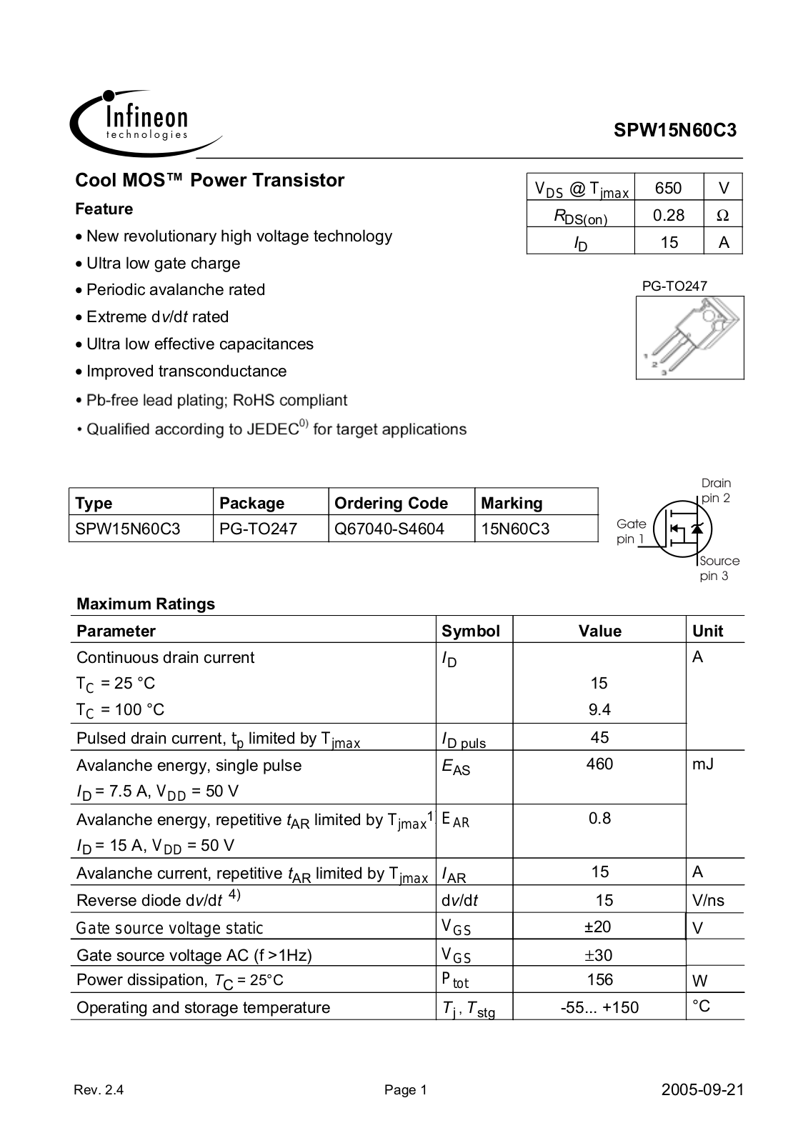 INFINEON SPW15N60C3 User Manual