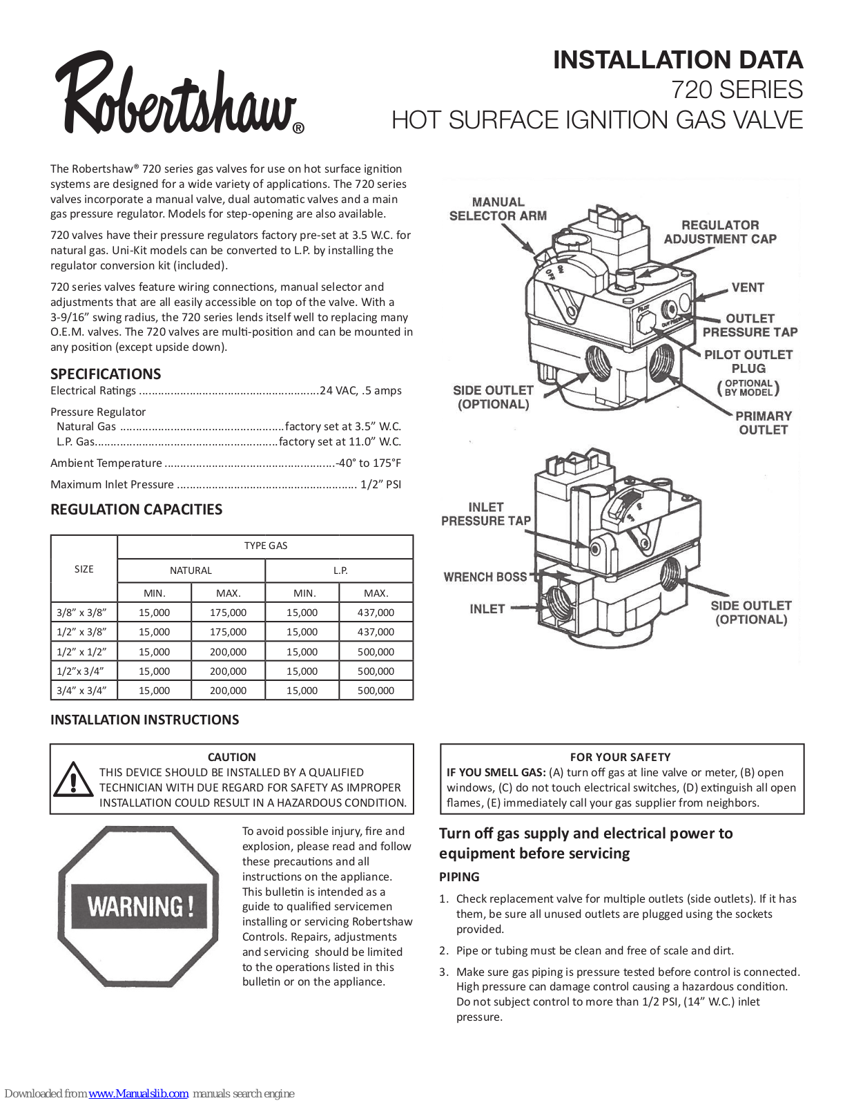 Robertshaw 720 SERIES Installation Data