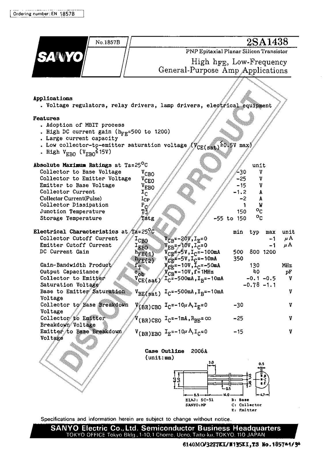 Sanyo 2SA1438 Specifications