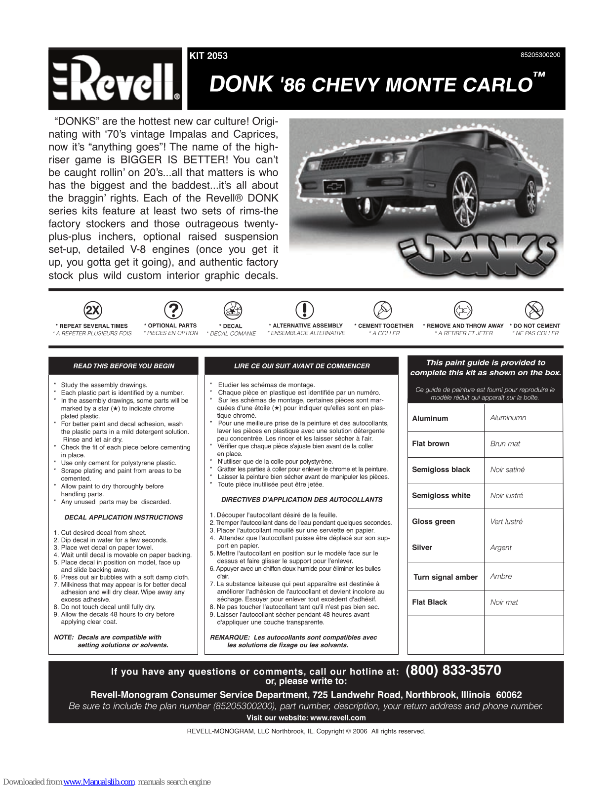 REVELL 2053, DONK '86 Chevy Monte Carlo 2053 Assembly Manual