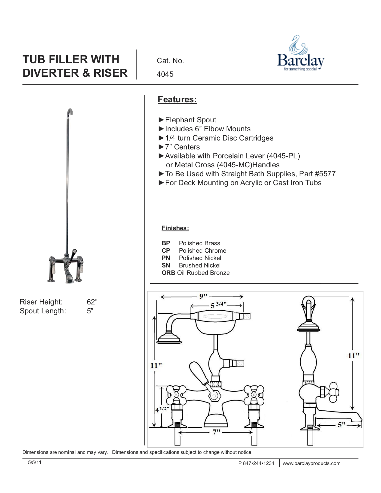 Barclay 4045PLORB Specifications