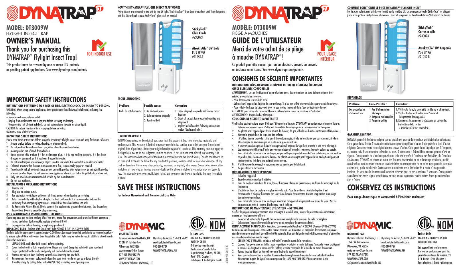 Dynatrap DT3009W Instructions