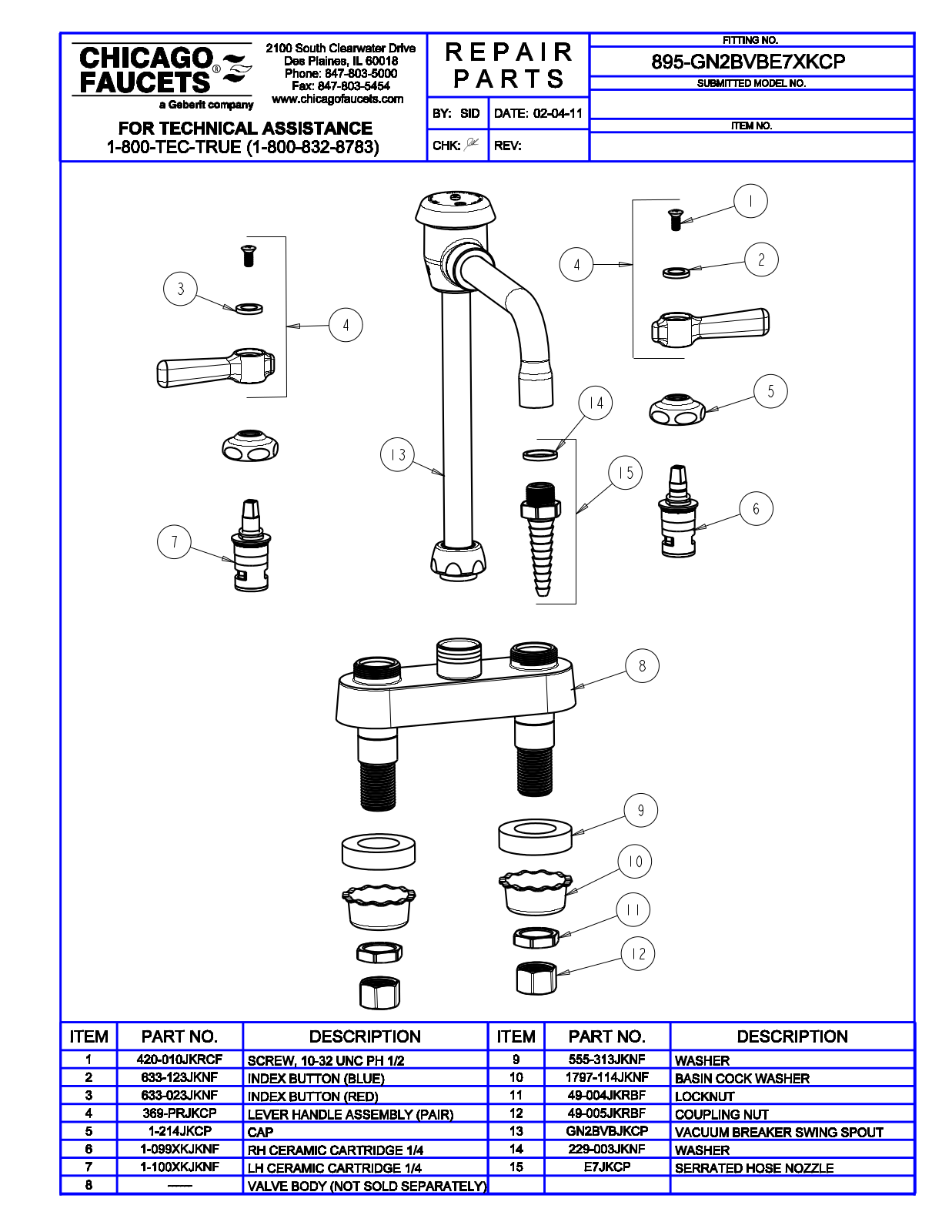 Chicago Faucet 895-GN2BVBE7XK Parts List