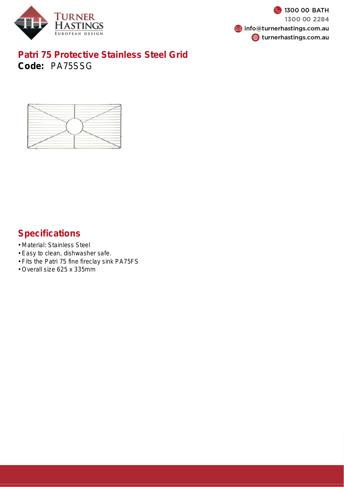 Turner Hastings PA75SSG Specifications Sheet