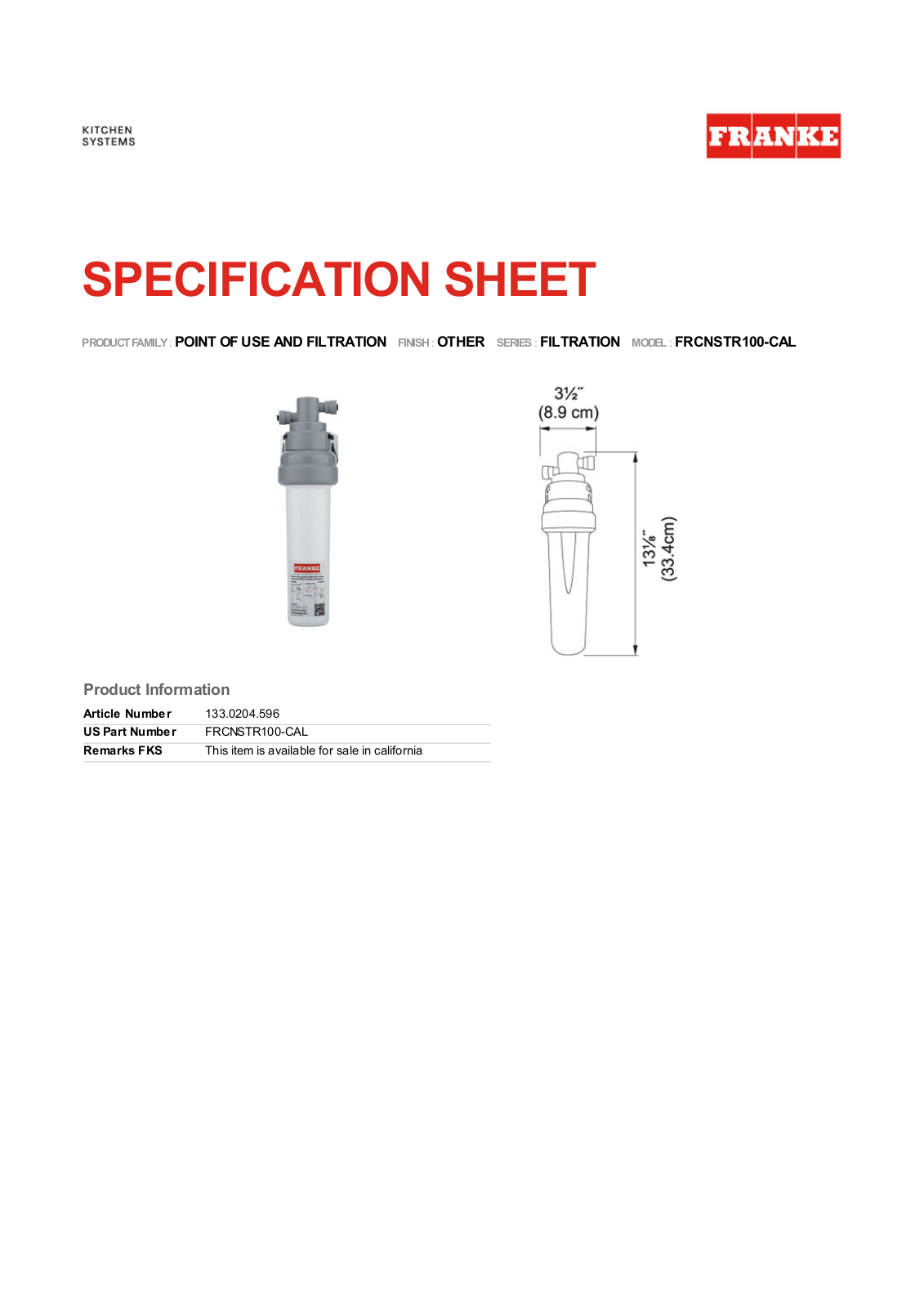 Franke Foodservice FRCNSTR100-CAL User Manual