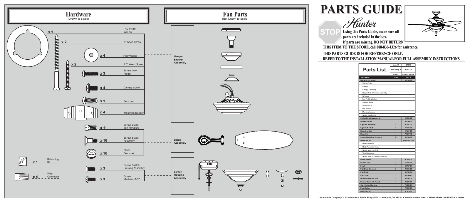 Hunter 21315 Parts Guide