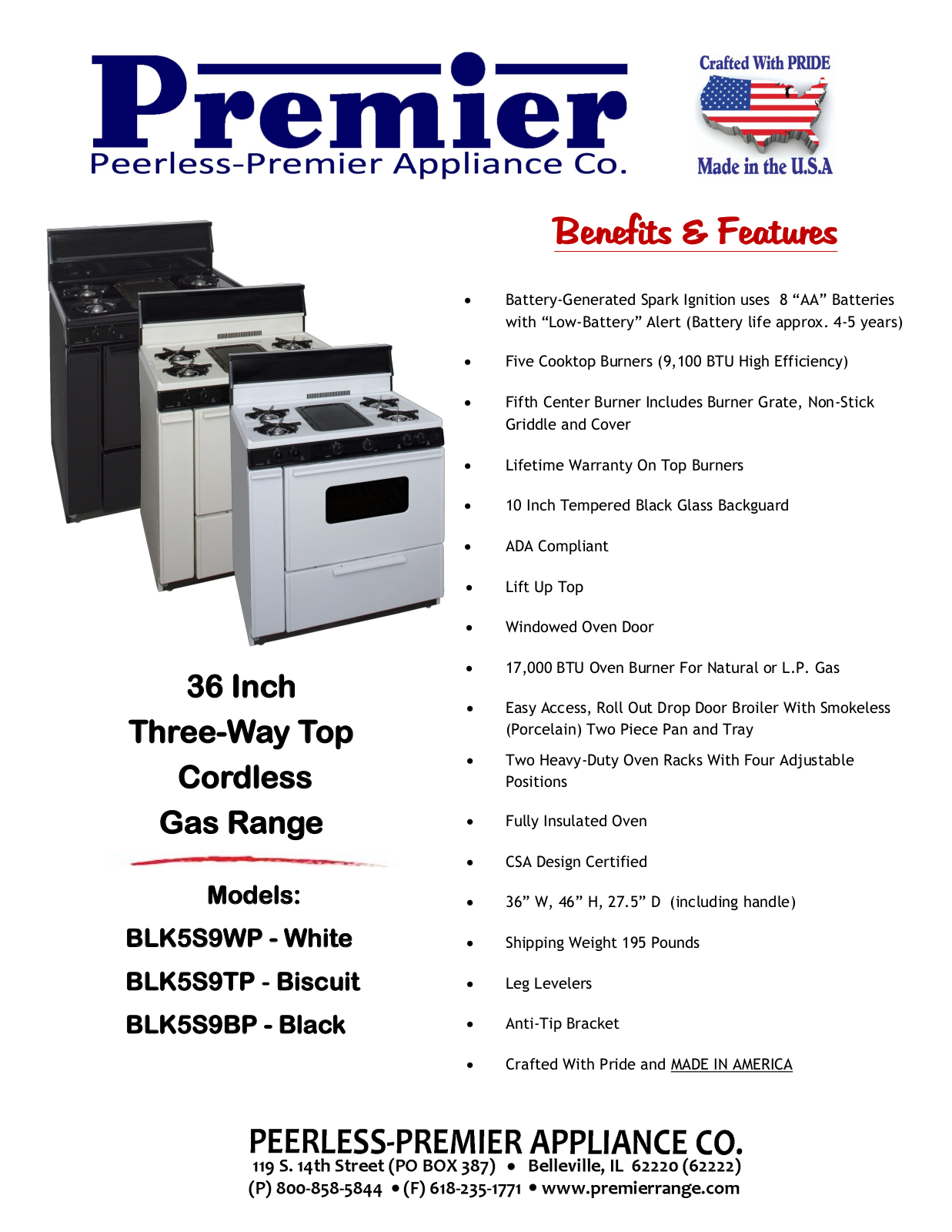 Premier BLK5S9BP, BLK5S9WP, BLK5S9TP Specifications - ManualMachine.com