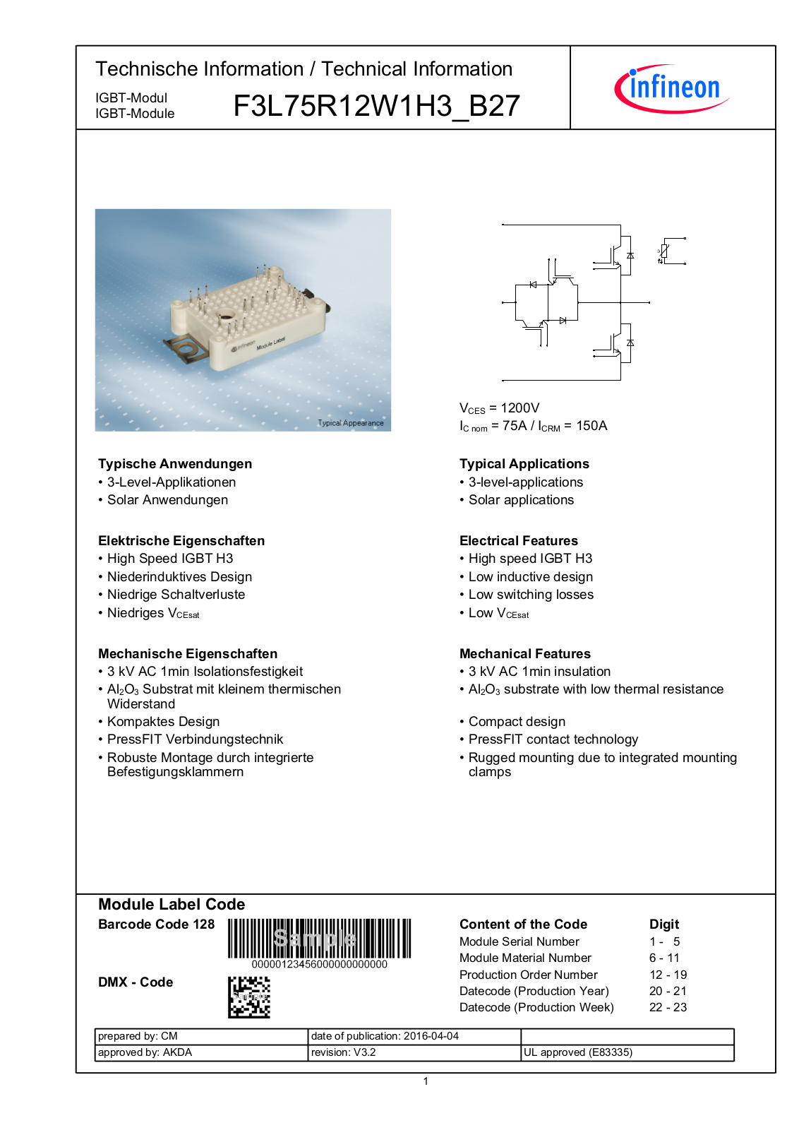 Infineon F3L75R12W1H3_B27 Data Sheet