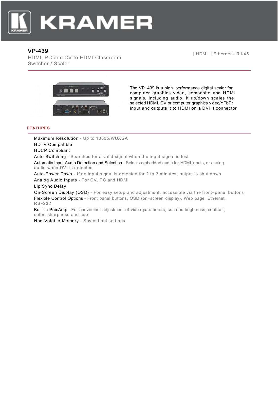 Kramer VP-439 Datasheet