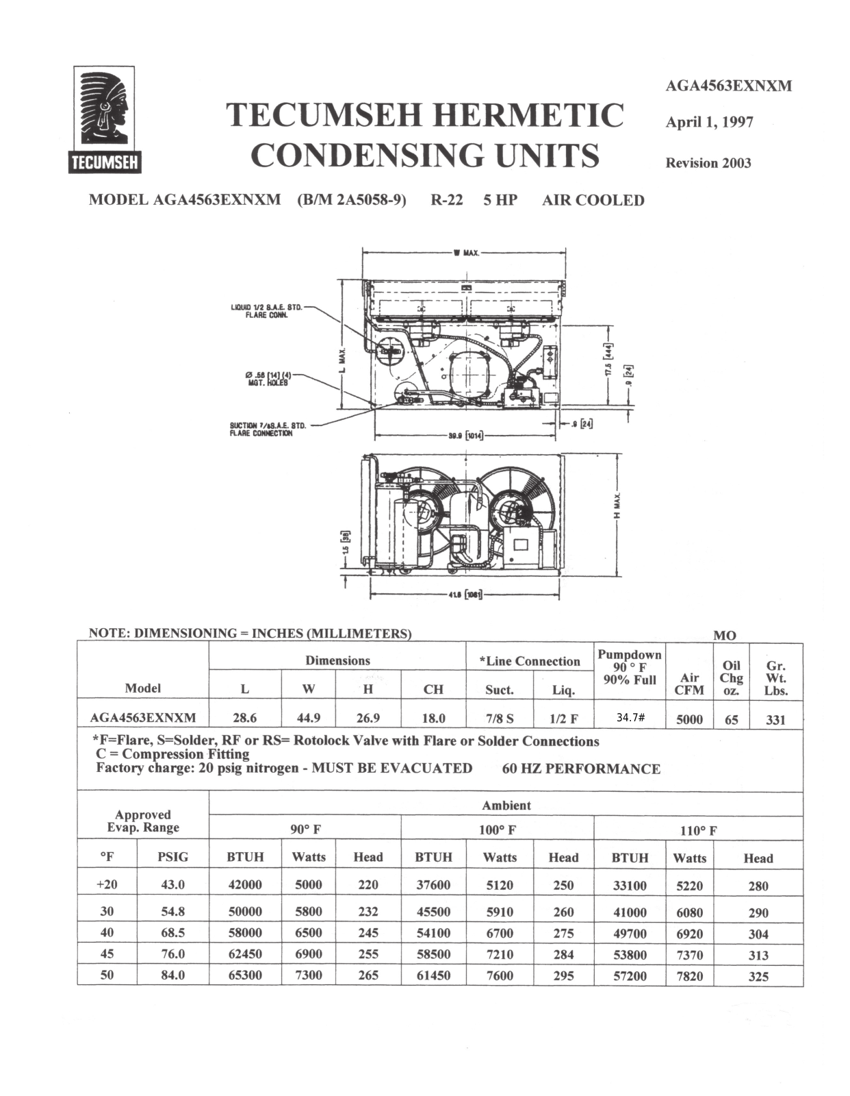 Tecumseh AGA4563EXNXM Performance Data Sheet