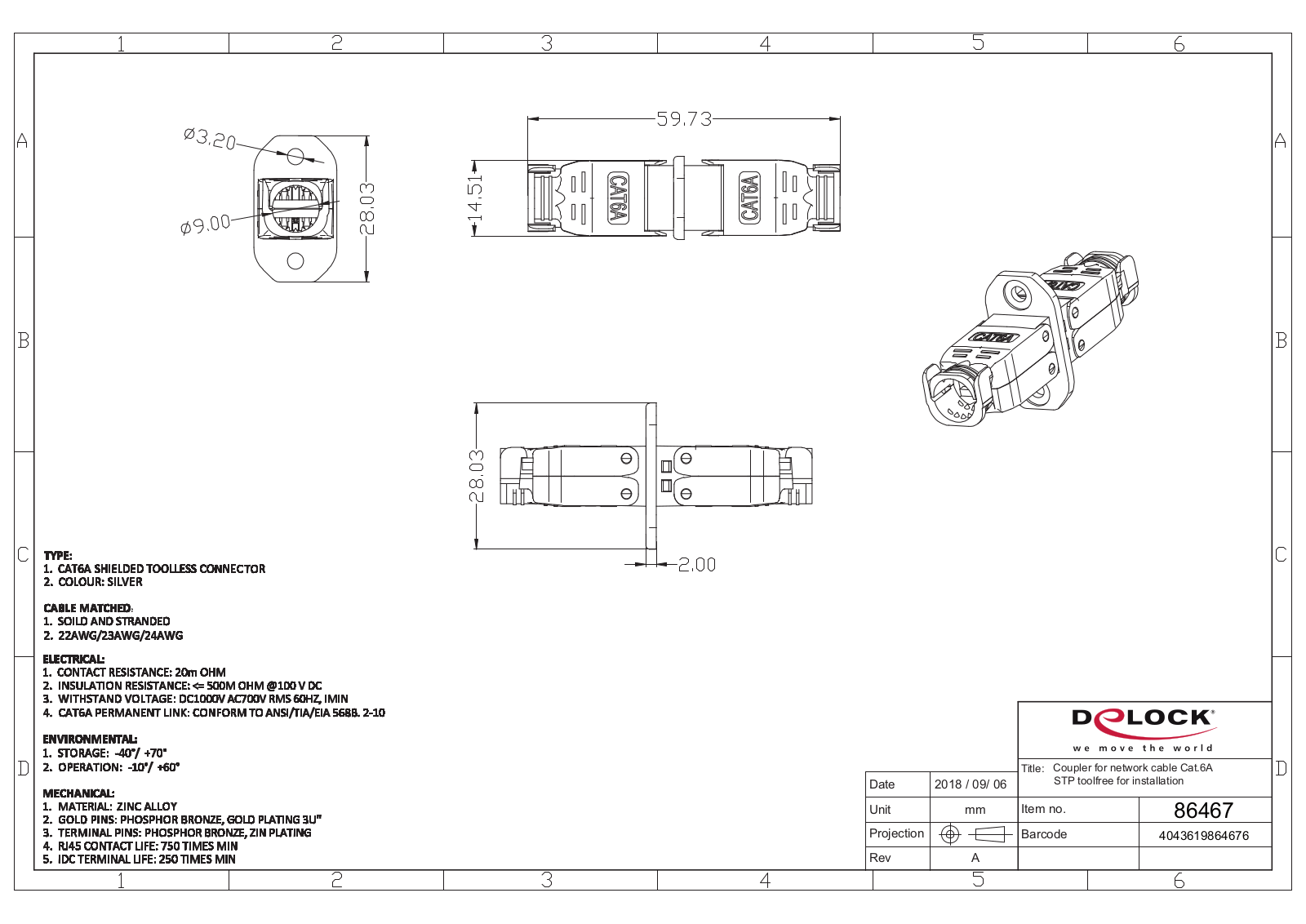 DeLOCK connector for Network Cable, Cat6A STP modular plug, installation Dimensional drawing