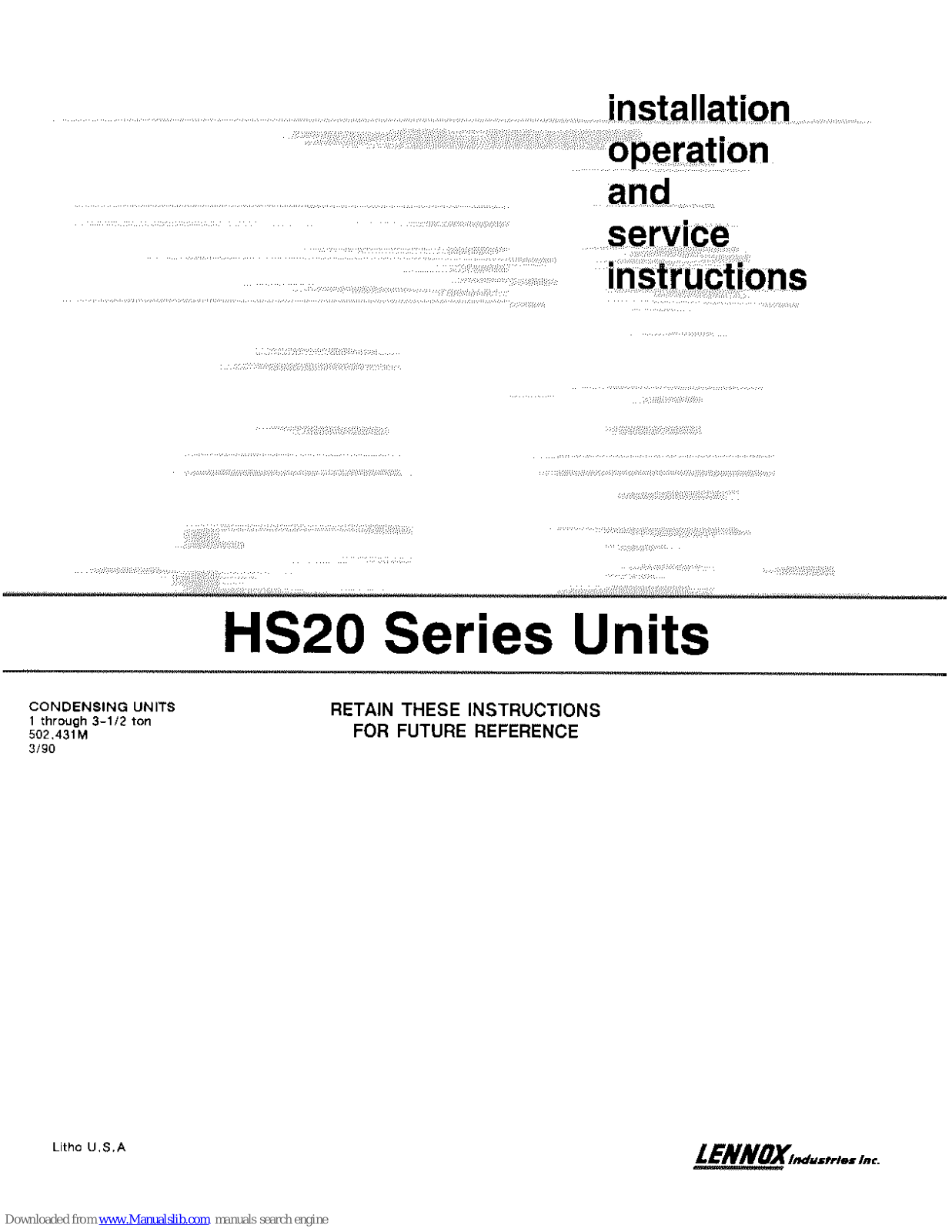 Lennox HS20-211, HS20-261, HS20-311, HS20-411, HS20-461 Installation, Operation And Service Manual