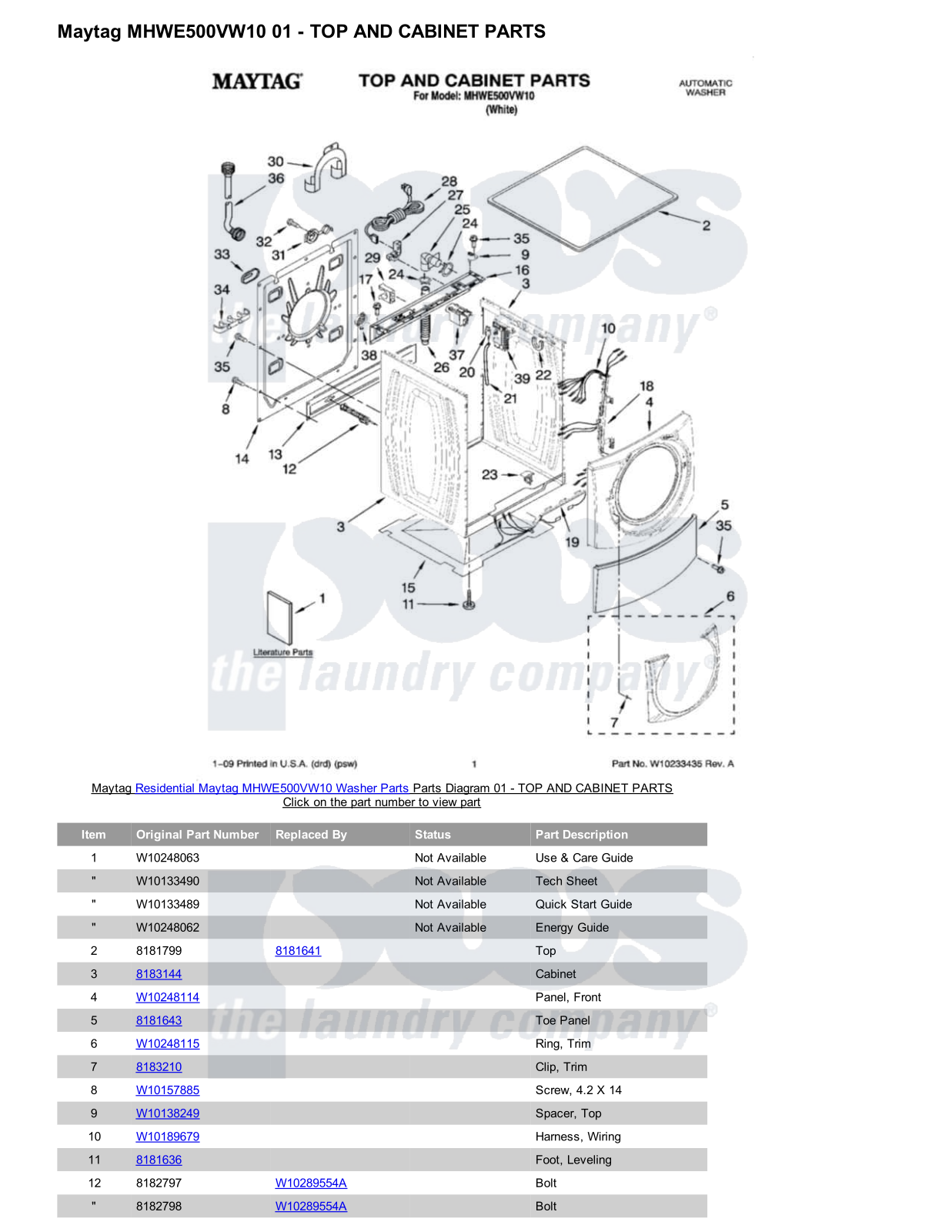 Maytag MHWE500VW10 Parts Diagram