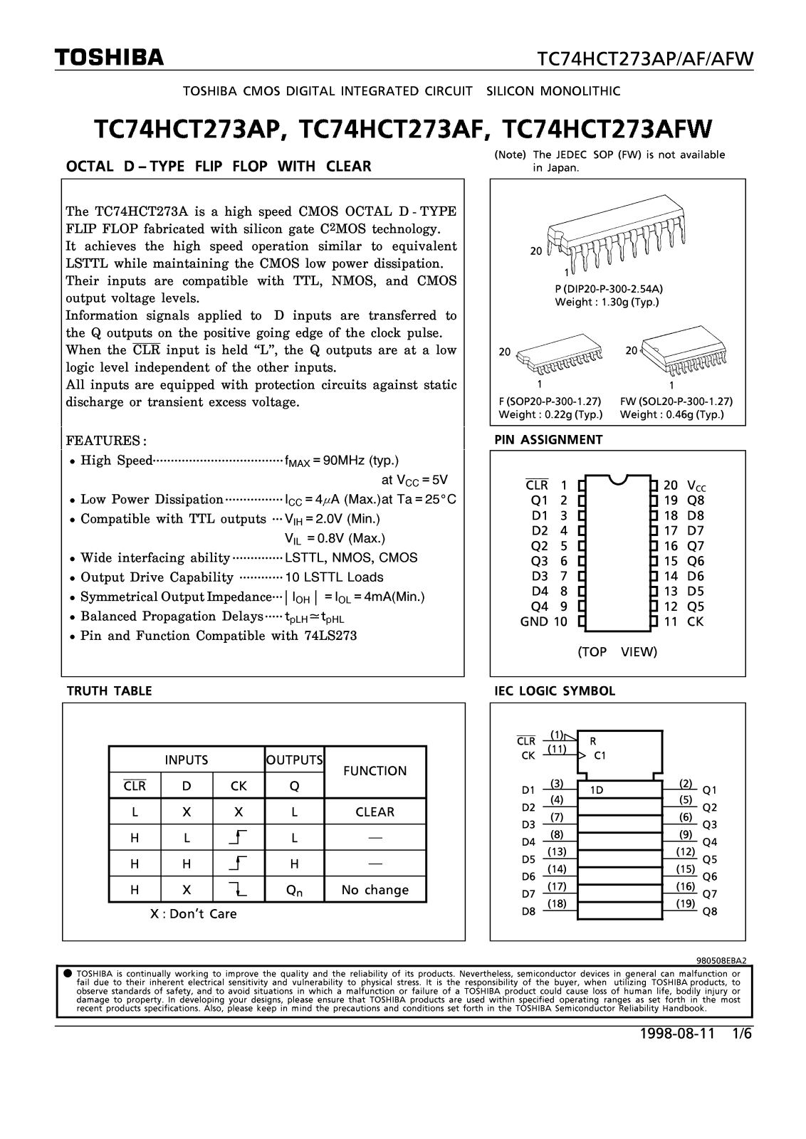 Toshiba TC74HCT273AFN Datasheet